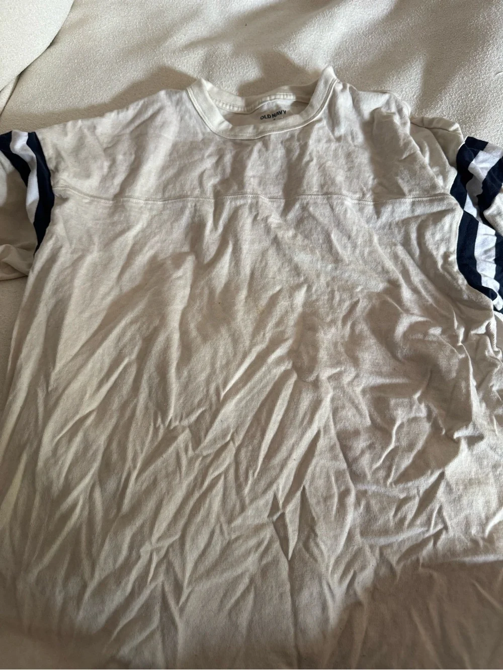Old Navy White Short-Sleeve Tee with Navy Sleeve Stripes